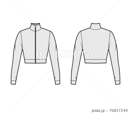 Zip-up cropped turtleneck jersey sweater technical fashion illustration with long sleeves, close-fitting shape. Flat Zip-up cropped turtleneck jersey sweater technical fashion illustration with long sleeves, close-fitting shape. Flat 70857240