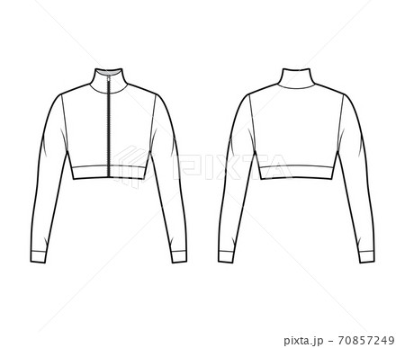 Zip-up cropped turtleneck jersey sweater technical fashion illustration with long sleeves, close-fitting shape. Flat  70857249