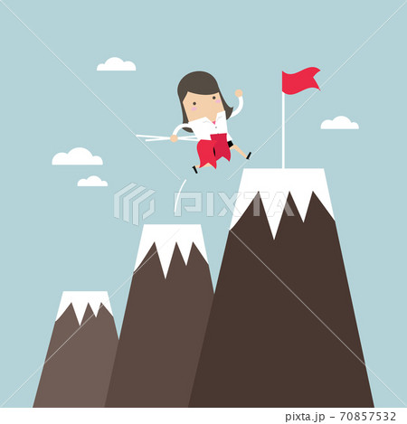 Businesswoman climbing up mountains or cliffs and moving to final destination point. 70857532