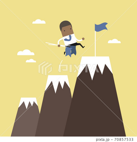 African businessman climbing up mountains or cliffs and moving to final destination point. 70857533