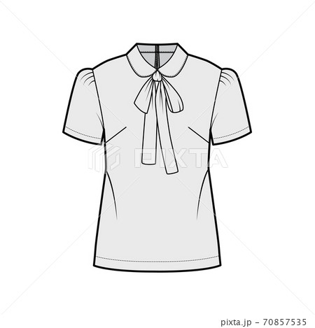 Pussy-bow blouse technical fashion illustration with Peter Pan collar, short sleeves, back button-fastening keyhole 70857535