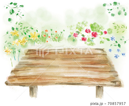 自然の緑や花の中に木目のテーブルが置いてあるイラスト 手描きの背景素材のイラスト素材