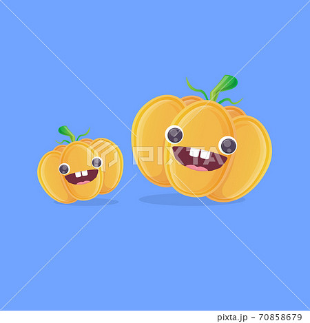 vector funny cartoon pumpkin character isolated on blue background. funky smiling cute autumn vegetable character. Halloween cartoon smiling pumpkin 70858679