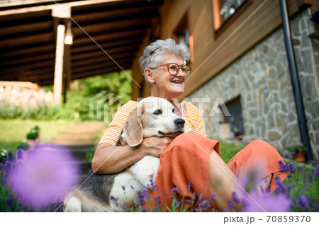 Portrait of senior woman with pet dog sitting outdoors in garden, relaxing. 70859370