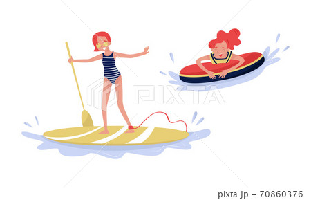 Young Female Surfing and Rafting Vector Illustration Set Young Female Surfing and Rafting Vector Illustration Set 70860376