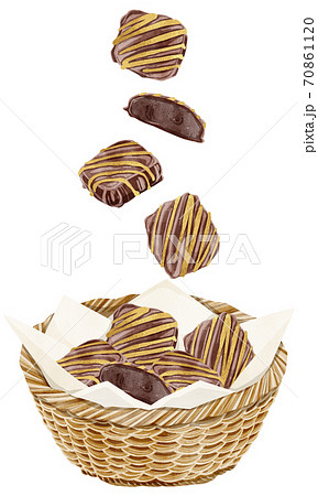 カゴに入った金のチョコレートクッキー水彩風イラストのイラスト素材