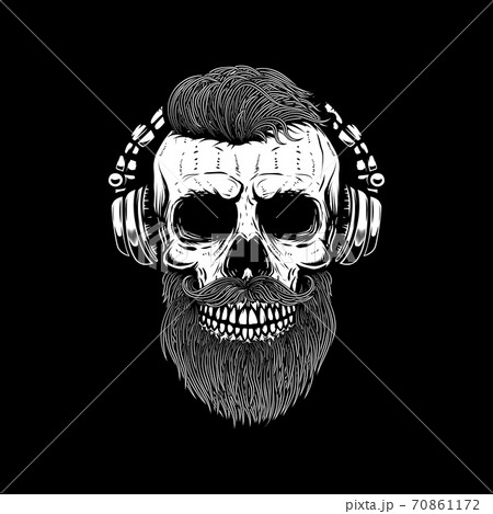 bearded skull in headphones. Design element for poster, card, emblem, sign banner. bearded skull in headphones. Design element for poster, card, emblem, sign banner. 70861172