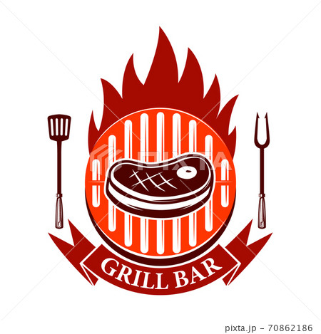 Grill bar. Emblem template with roasted meat and forks. Design element for logo, label, sign. 70862186
