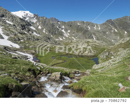 Top view of beautiful wetland with wild stream cascade, alpine mountain meadow called Paradies with lush green grass and snow capped mountain peaks. Stubai hiking trail, Summer Tyrol Alps, Austria Top view of beautiful wetland with wild stream cascade, alpine mountain meadow called Paradies with lush green grass and snow capped mountain peaks. Stubai hiking trail, Summer Tyrol Alps, Austria 70862792