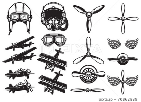 Set of airplanes, propellers. Aviation. Design element for logo, label, badge, sign. Set of airplanes, propellers. Aviation. Design element for logo, label, badge, sign. 70862839