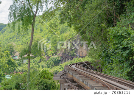 Empty train railway on River Kwai Bridge in Kanchanaburi town, Thailand in public transportation concept. Empty train railway on River Kwai Bridge in Kanchanaburi town, Thailand in public transportation concept. 70863215