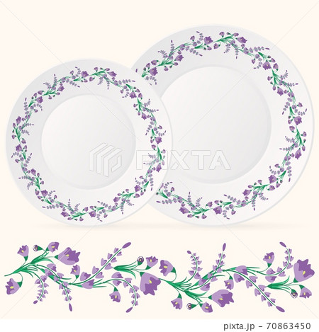 Repeating pattern of purple flowers on a white plate. Repeating pattern of purple flowers on a white plate. 70863450