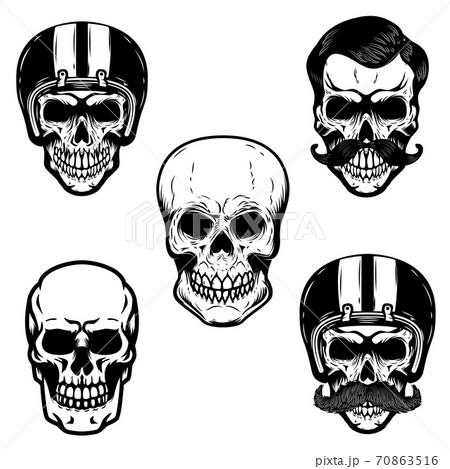 Set of skulls on white background. Cranium in racer helmet. For emblem, sign, logo, label, badge. Set of skulls on white background. Cranium in racer helmet. For emblem, sign, logo, label, badge. 70863516