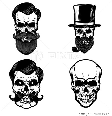 Set of hipster skulls isolated on white background. Design element for logo, label, print, badge, poster. 70863517