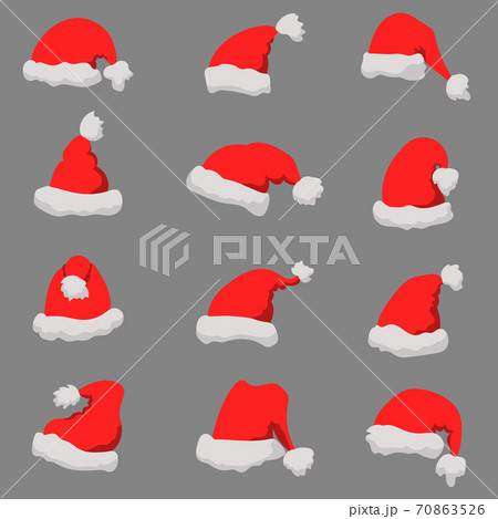 Set of Santa Claus hats Christmas theme. Design element or poster, greeting card, banner, flyer, decoration. 70863526