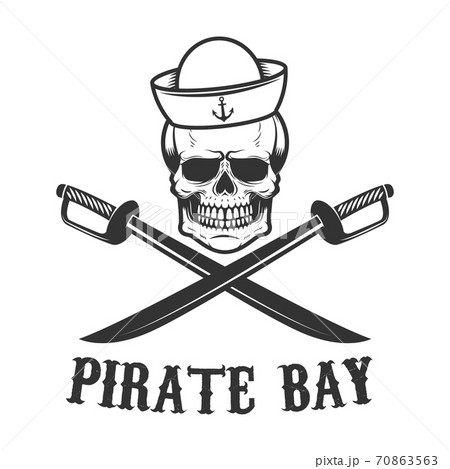 Pirate bay. Corsair skull with crossed sabers. Design element for logo, label, emblem, sign, t shirt. 70863563