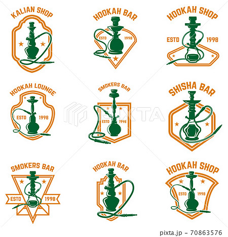 Set of hookah labels. Design element for logo, emblem, print, badge, poster. Set of hookah labels. Design element for logo, emblem, print, badge, poster. 70863576