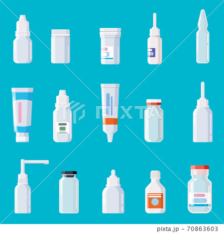 Pharmacy medical set bottles, jars, tubes, sprays, droppers with caps. Plastic package. Drugs, vitamin, antibiotic, vaccine. Template mockup packaging design. Vector, isolated, illustration cartoon 70863603