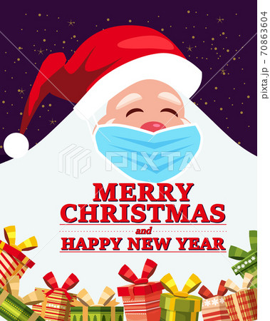 Santa Claus big and funny with medical surgery face mask with gifts boxes. Safe holidays during pandemic COVID. Greeting card Merry Christmas and Happy New Year poster banner vector illustration 70863604