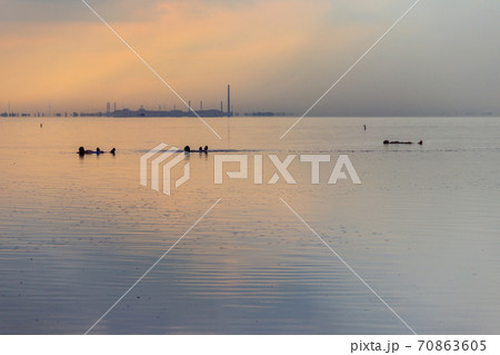 People liyes on water of pink salty Syvash lake in Kherson region, Ukraine 70863605