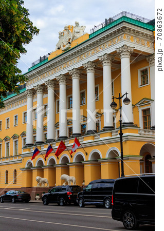Facade of Lobanov-Rostovsky Palace, also known as House with lions in St. Petersburg, Russia. Constructed in 1817-1820 Facade of Lobanov-Rostovsky Palace, also known as House with lions in St. Petersburg, Russia. Constructed in 1817-1820 70863672
