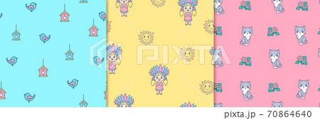 Kids summer sketches seamless pattern. Blue bird with pink birdhouse with heart Indian girl. 70864640