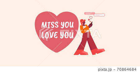 Miss you love you poster. Romantic message in shape red heart and character with smartphone beautiful and sad confession. 70864684