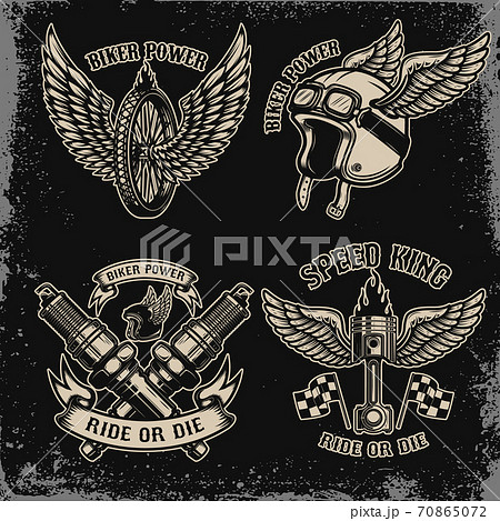 Set of vintage biker motorcycle emblems on dark background. For logo, label, sign, prints. Set of vintage biker motorcycle emblems on dark background. For logo, label, sign, prints. 70865072