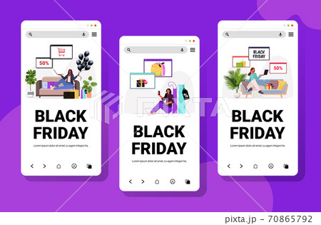 set mix race women choosing andd buying goods online shopping black friday big sale holiday discounts concept 70865792