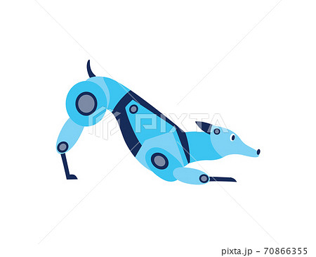 Blue electronic robot dog kneeling, flat cartoon vector illustration isolated Blue electronic robot dog kneeling, flat cartoon vector illustration isolated 70866355