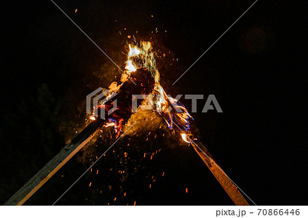 Flame on a homemade torch, fire on the background of night streets, peaceful actions with torches. Flame on a homemade torch, fire on the background of night streets, peaceful actions with torches. 70866446