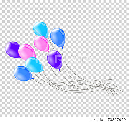 Helium balloons. Bunch or group of colorful helium balloons isolated on transparent background. Party realistic flying balloon set. Vector cololor design element 70867069