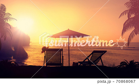 Resort Beach On Sunset Background In Summertime のイラスト素材