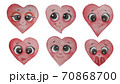 A set of red hearts faces with big eyes. Emotions - sad, joyful, funny, suspicious, smiling faces. Watercolor. Hand drawing 70868700