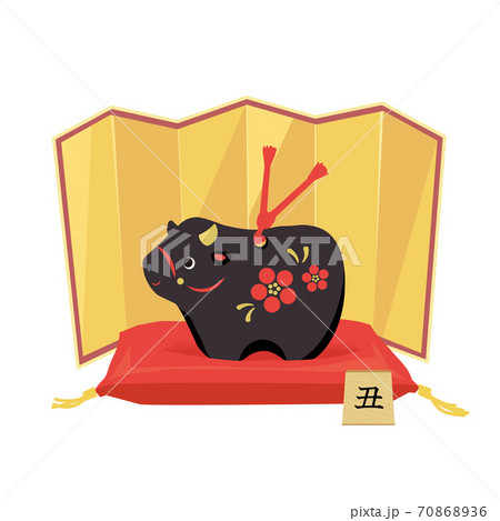 金屏風に黒丑の置物  70868936