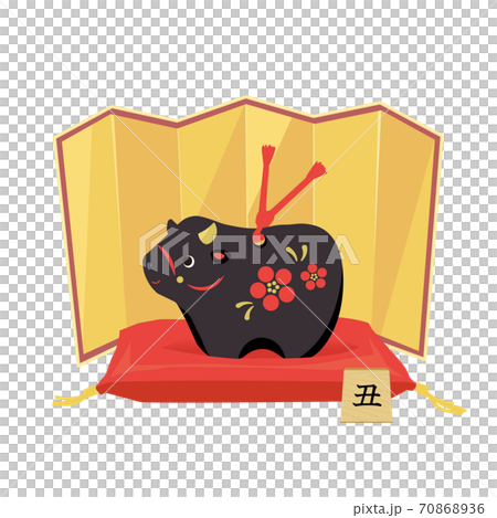 金屏風に黒丑の置物  70868936