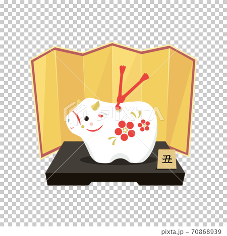 金屏風に丑の置物  70868939