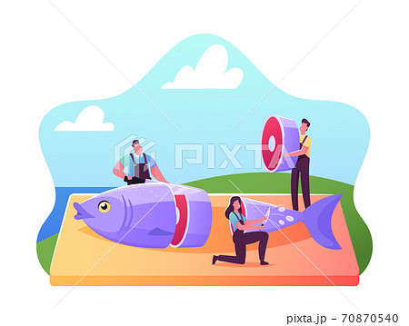 Fishery Industry, Seafood Cooking Concept. Tiny Male and Female Fisher Characters Cutting Fresh Raw Fish on Wooden Board Fishery Industry, Seafood Cooking Concept. Tiny Male and Female Fisher Characters Cutting Fresh Raw Fish on Wooden Board 70870540