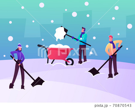 Snow and Ice Removal after Blizzard Concept. Cheerful Characters Remove Snowdrifts with Shovels from Ground Clean Snow Snow and Ice Removal after Blizzard Concept. Cheerful Characters Remove Snowdrifts with Shovels from Ground Clean Snow 70870543