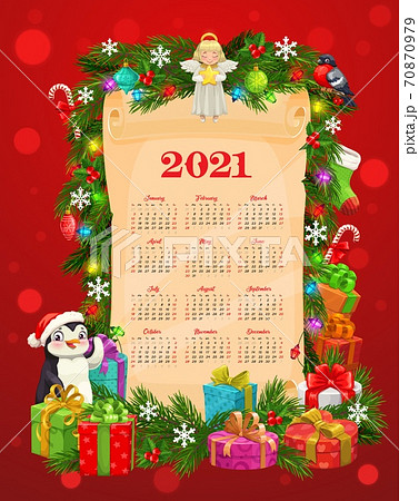 New Year calendar template with Christmas gifts 70870979