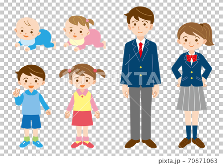 男の子と女の子の成長イラストセット 白背景のイラスト素材