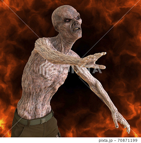 Fantsy zombie undead burns in a hellfire 3d illustration 70871199