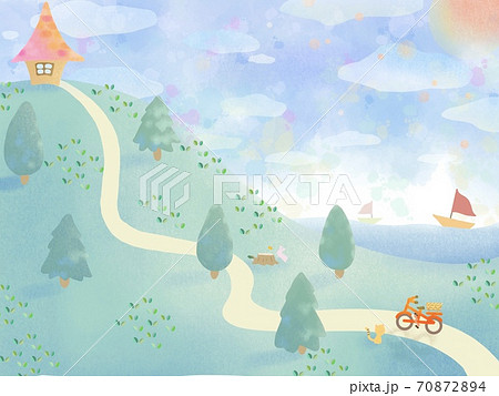 海が見える丘の上の小さな家のイラスト素材