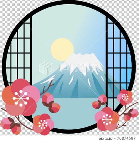 窓から眺める富士山の日の出のイラスト素材