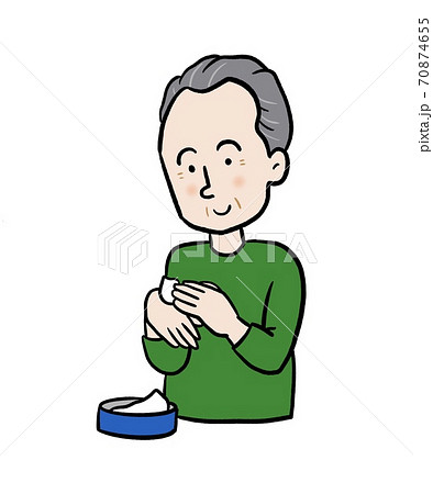 ハンドクリームを塗るシニア男性のイラストのイラスト素材