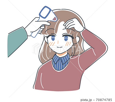 ベクター・検温してもらうお姉さんのイラスト・入り口で熱を測る・非接触体温計・笑顔 70874785