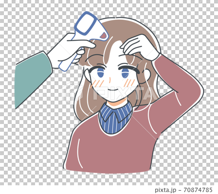 ベクター・検温してもらうお姉さんのイラスト・入り口で熱を測る・非接触体温計・笑顔 70874785