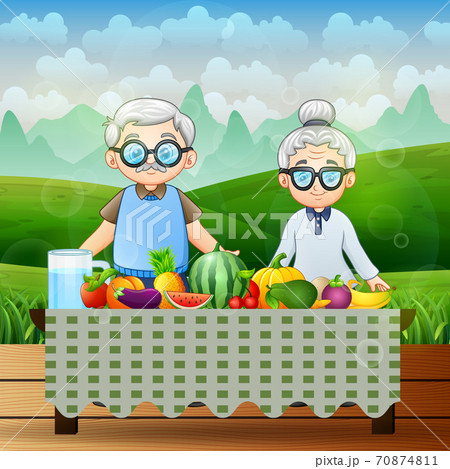 Happy grandparents and different fresh fruits at nature background 70874811