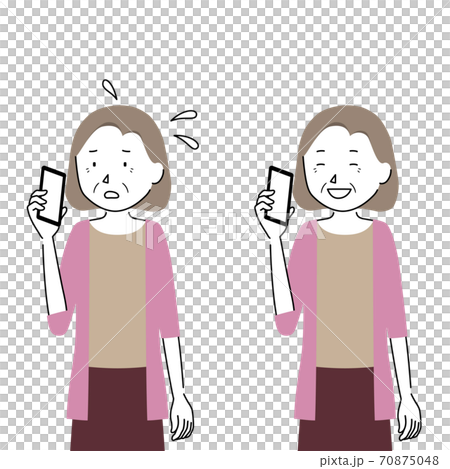 スマホで通話しているシニア女性のイラストセット 不安 安心 のイラスト素材