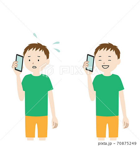 スマホで通話している男の子のイラストセット 不安 安心 のイラスト素材